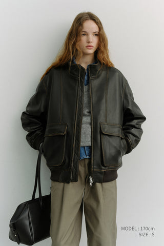 UNISEX STAND COLLARED LEATHER BLOUSON BRUSHED BLACK