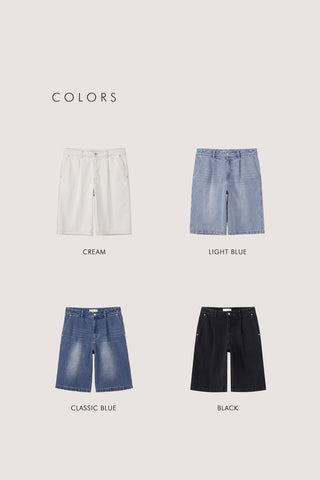 PLEATED BERMUDA DENIM SHORTS BLACK