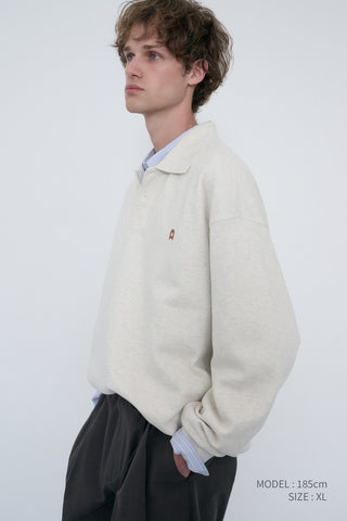 UNISEX LEATHER LOGO COLLARED T-SHIRT OATMEAL MELANGE