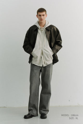 UNISEX LEATHER LOGO ZIP-UP HOODIE OATMEAL MELANGE