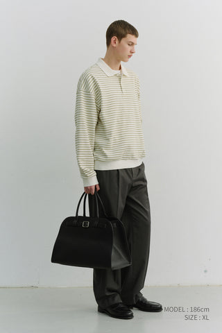 UNISEX STRIPED LOGO COLLARED T-SHIRT OLIVE STRIPE