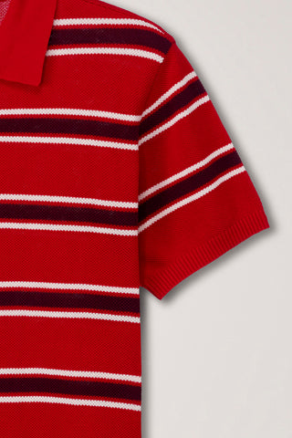 UNISEX MULTI STRIPED POLO KNIT RED BURGUNDY