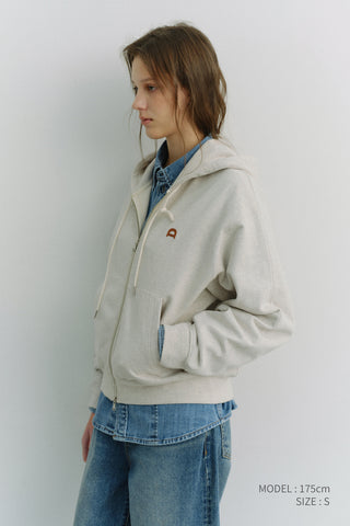 UNISEX LEATHER LOGO ZIP-UP HOODIE OATMEAL MELANGE