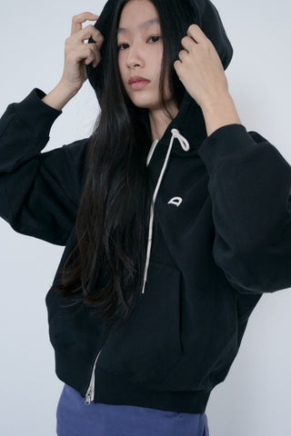 UNISEX LEATHER LOGO ZIP-UP HOODIE BLACK