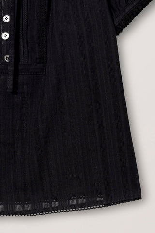 RIBBONED SHIRRING BLOUSE BLACK