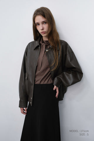 UNISEX ALTER-LEATHER ZIP-UP BLOUSON DARK BROWN