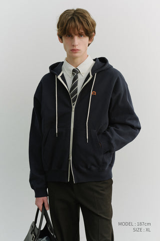 UNISEX LEATHER LOGO ZIP-UP HOODIE FRENCH NAVY