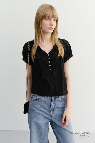 RIBBONED SHIRRING BLOUSE BLACK
