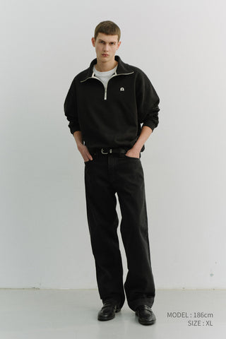 UNISEX LEATHER LOGO HALF ZIP-UP SWEATSHIRT BLACK