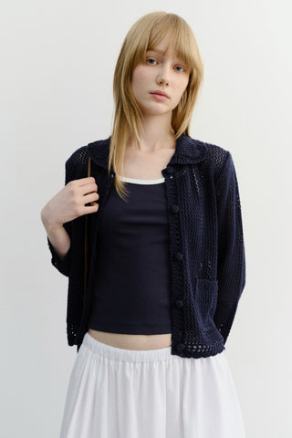 CROCHET COLLARED CARDIGAN NAVY