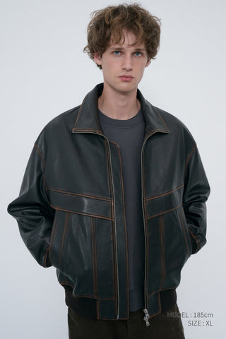 UNISEX STAND COLLARED LEATHER BLOUSON BRUSHED BROWN