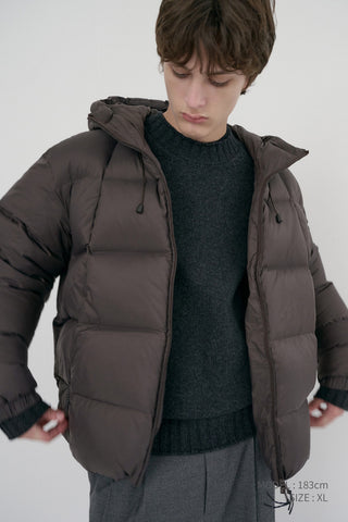 UNISEX HOODED VOLUME GOOSE DOWN JACKET DARK BROWN