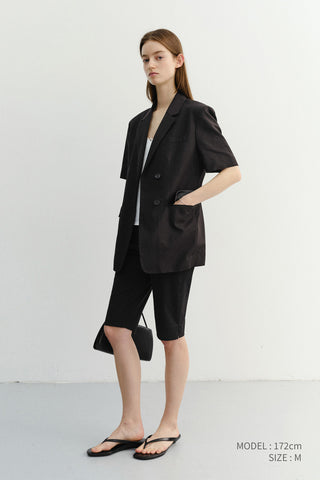HALF SLEEVE BELTED LINEN JACKET BLACK