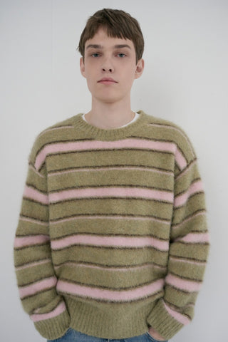 UNISEX STRIPED HAIRY SWEATER OLIVE PINK