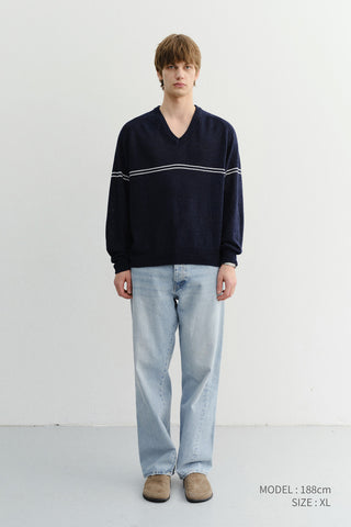 UNISEX V-NECK STRIPED SWEATER NAVY
