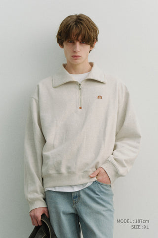 UNISEX LEATHER LOGO HALF ZIP-UP SWEATSHIRT OATMEAL MELANGE