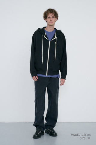 UNISEX LEATHER LOGO ZIP-UP HOODIE BLACK