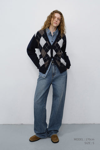 UNISEX V-NECK ARGYLE CARDIGAN NAVY