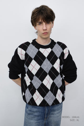 UNISEX ARGYLE CREWNECK SWEATER BLACK