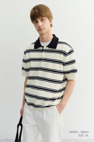UNISEX MULTI STRIPED POLO KNIT CREAM NAVY