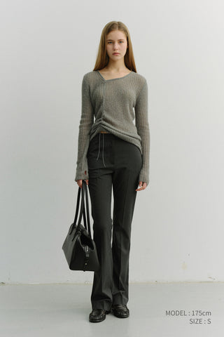 SEMI BOOT-CUT SLIM SLACKS CHARCOAL STRIPE