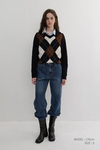 [SULLYOON PICK] UNISEX HAIRY ALPACA ARGYLE SWEATER NAVY