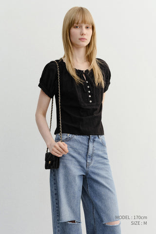 RIBBONED SHIRRING BLOUSE BLACK