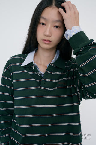 UNISEX MULTI STRIPE COLLARED T-SHIRT FOREST GREEN STRIPE