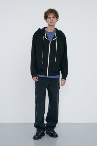 UNISEX LEATHER LOGO ZIP-UP HOODIE BLACK