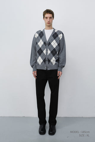 UNISEX V-NECK ARGYLE CARDIGAN GREY