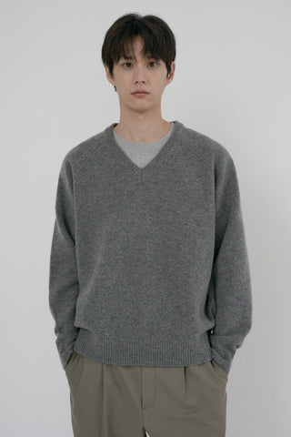 UNISEX SOFT VOLUME V-NECK SWEATER MELANGE GREY