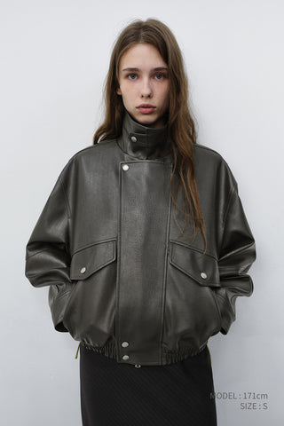 UNISEX CROPPED ALTER-LEATHER BLOUSON GREYISH KHAKI