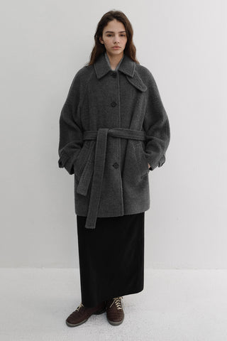 BELTED HALF COAT CHARCOAL GREY
