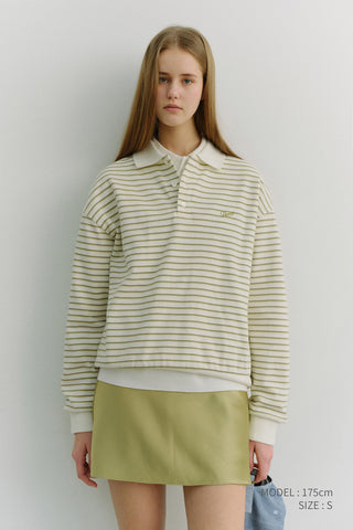 UNISEX STRIPED LOGO COLLARED T-SHIRT OLIVE STRIPE