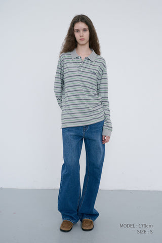 UNISEX MULTI STRIPE COLLARED T-SHIRT MELANGE GREY STRIPE
