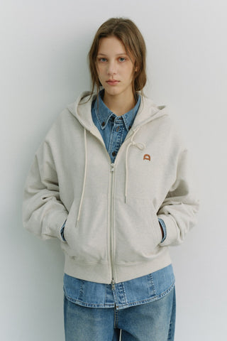 UNISEX LEATHER LOGO ZIP-UP HOODIE OATMEAL MELANGE
