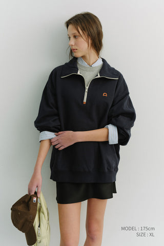 UNISEX LEATHER LOGO HALF ZIP-UP SWEATSHIRT FRENCH NAVY