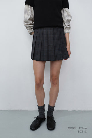 PLEATS MINI CHECKED SKIRT CHARCOAL BLUE CHECK