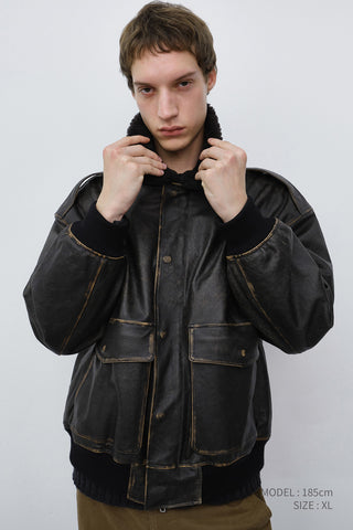 UNISEX DETACHABLE A-2 LEATHER BLOUSON BRUSHED BLACK