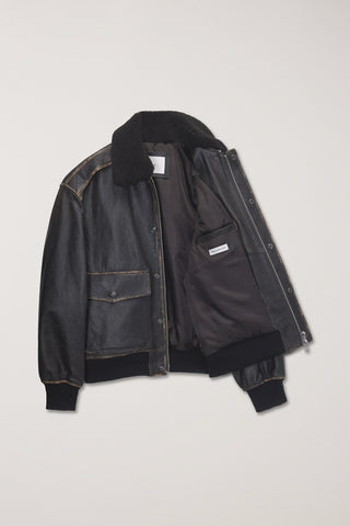 UNISEX DETACHABLE A-2 LEATHER BLOUSON BRUSHED BLACK