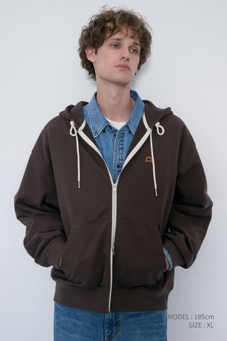 UNISEX LEATHER LOGO ZIP-UP HOODIE BROWN