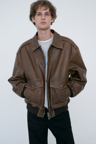 UNISEX DETACHABLE A-2 LEATHER BLOUSON BROWN