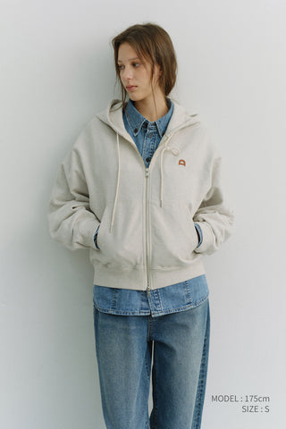 UNISEX LEATHER LOGO ZIP-UP HOODIE OATMEAL MELANGE