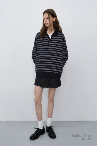 UNISEX COLLARED STRIPED SWEATER NAVY