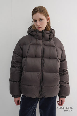 UNISEX HOODED VOLUME GOOSE DOWN JACKET DARK BROWN