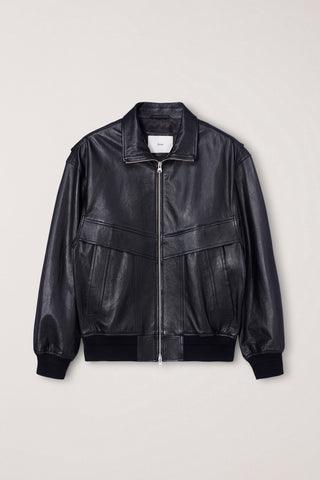 UNISEX STAND COLLARED LEATHER BLOUSON BLACK