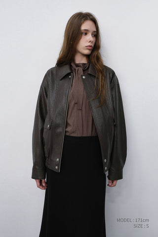 UNISEX ALTER-LEATHER ZIP-UP BLOUSON DARK BROWN