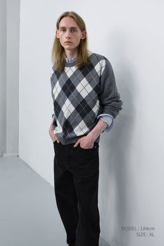 UNISEX ARGYLE CREWNECK SWEATER GREY