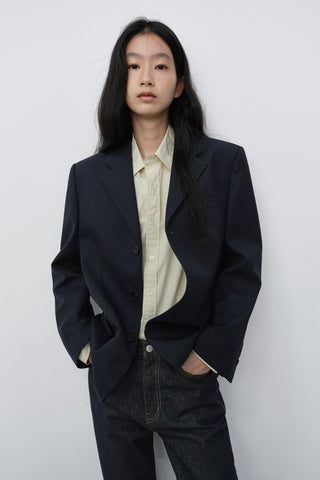 UNISEX CLASSIC 3 BUTTON WOOL BLAZER NAVY STRIPE