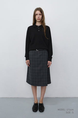 PLEATS MIDI WRAP CHECKED SKIRT CHARCOAL GREY CHECK